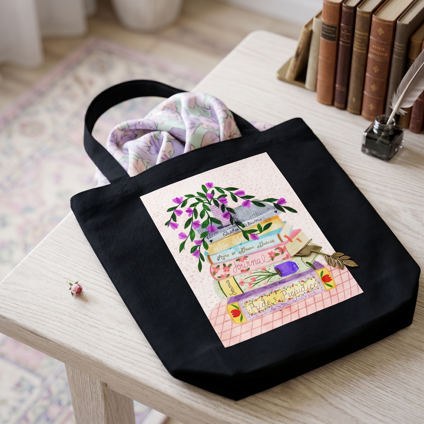 100% Cotton Canvas Tote Bag - Book Stack