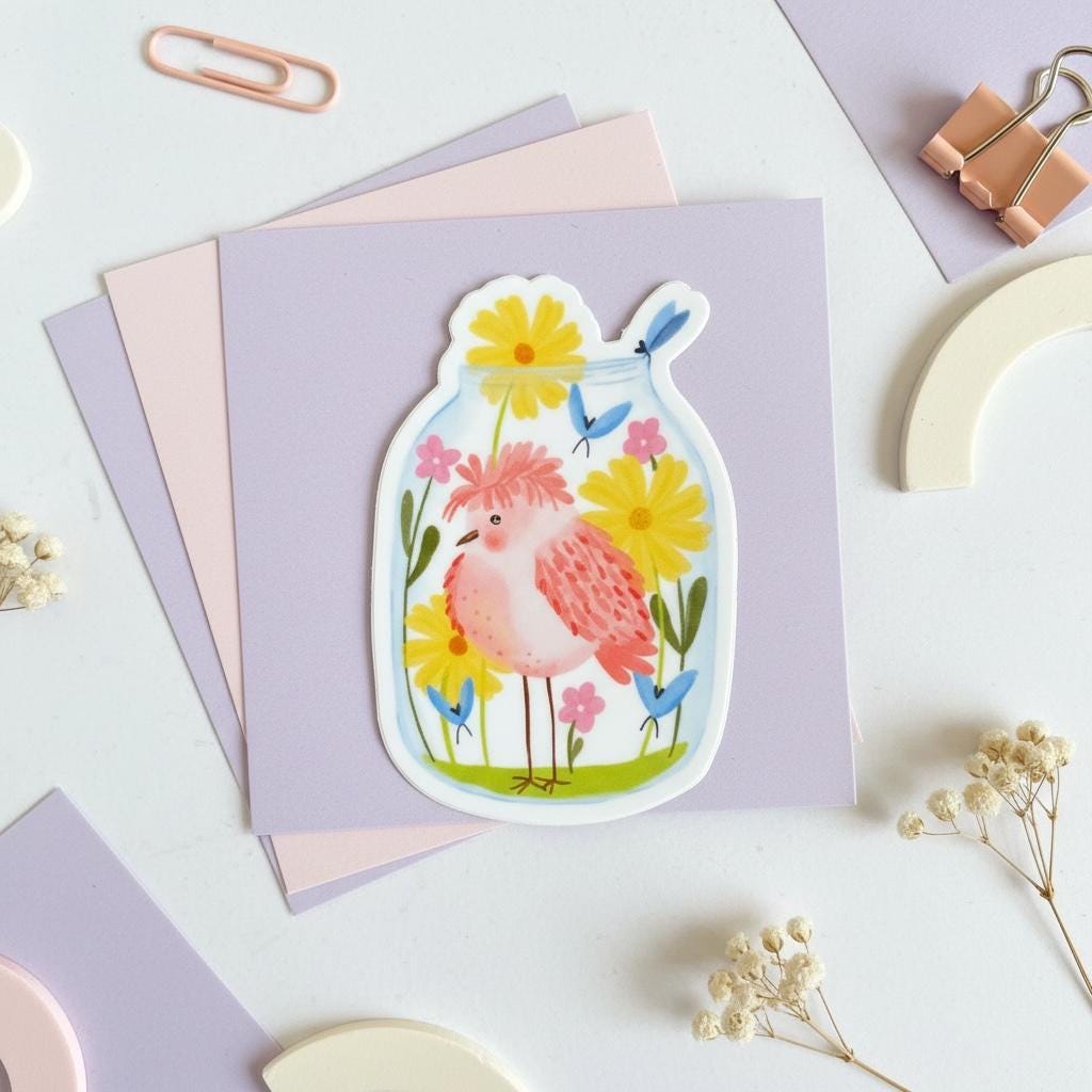 Dreamy Bird in a Jar Permanent Vinyl Sticker