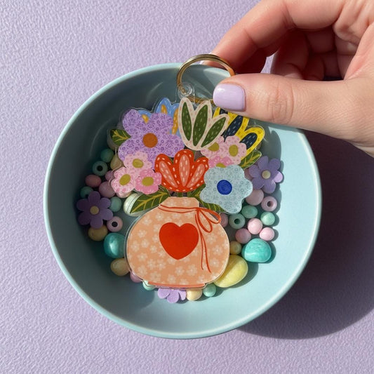 Oversized Illustrated Keyring or Bag Tag - Vase of Flowers