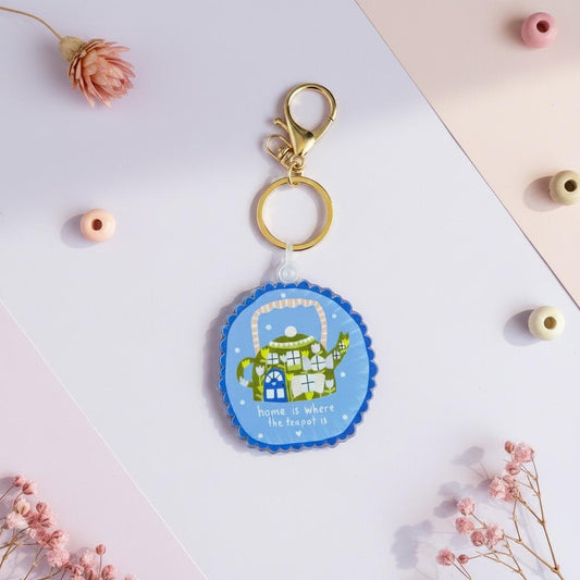 Oversized Illustrated Keyring or Bag Tag - Home is Where the Teapot is