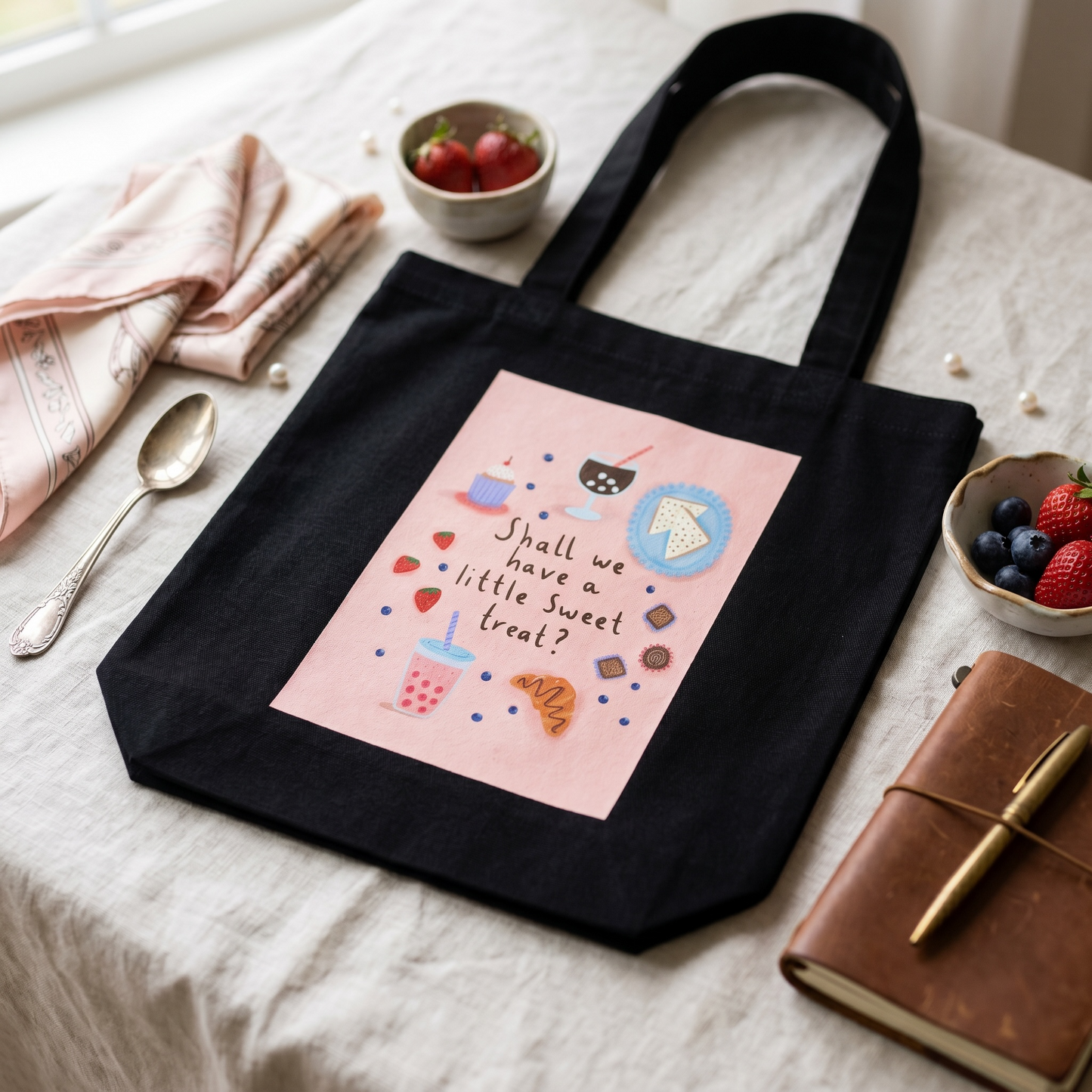100% Cotton Canvas Tote Bag - Shall we Have a Little Sweet Treat?