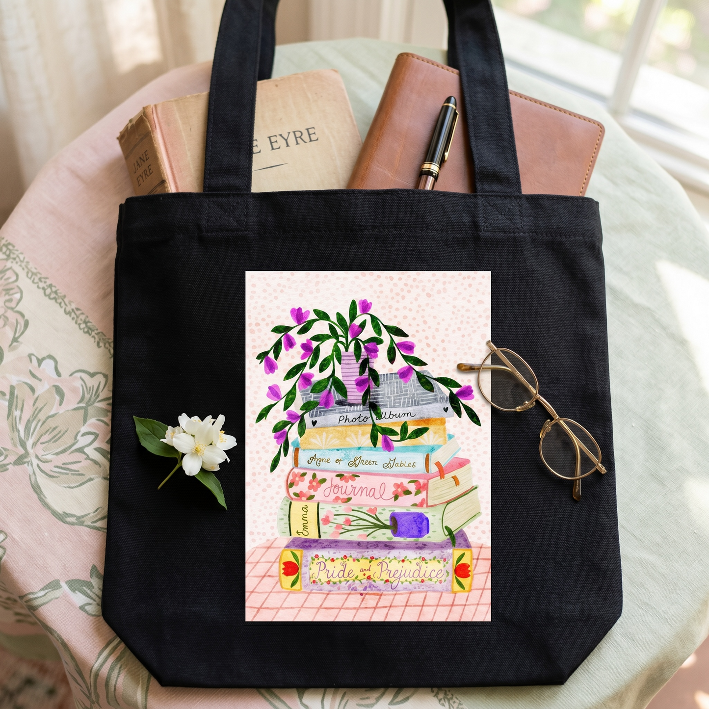 100% Cotton Canvas Tote Bag - Book Stack