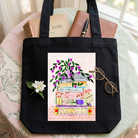 100% Cotton Canvas Tote Bag - Book Stack