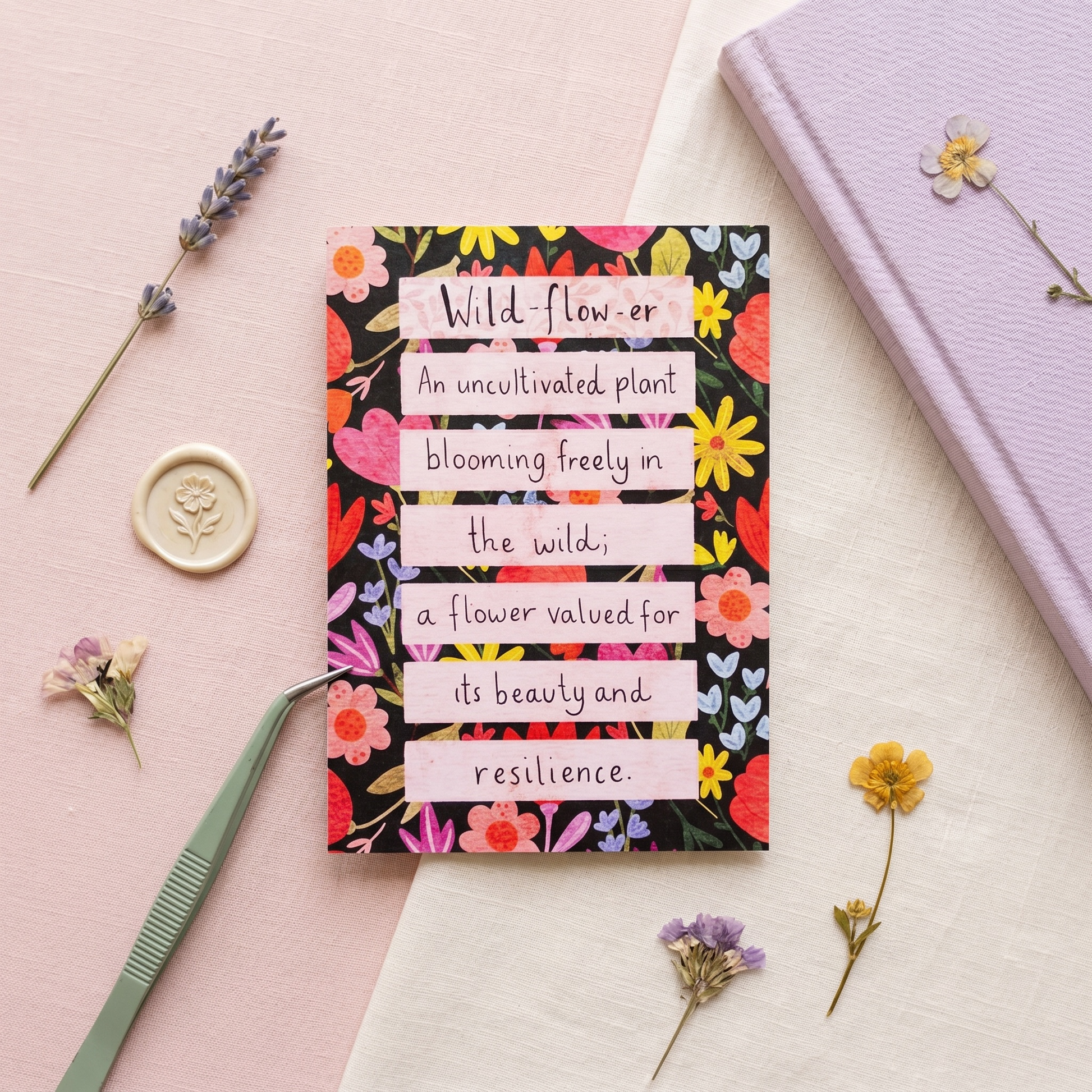 A square floral notebook or card with the quote 'Wild-flower: An uncultivated plant blooming freely in the wild; a flower valued for its beauty and resilience.' lies on a pink and white surface, styled with dried flowers, tweezers, a wax seal, and a lavender notebook.