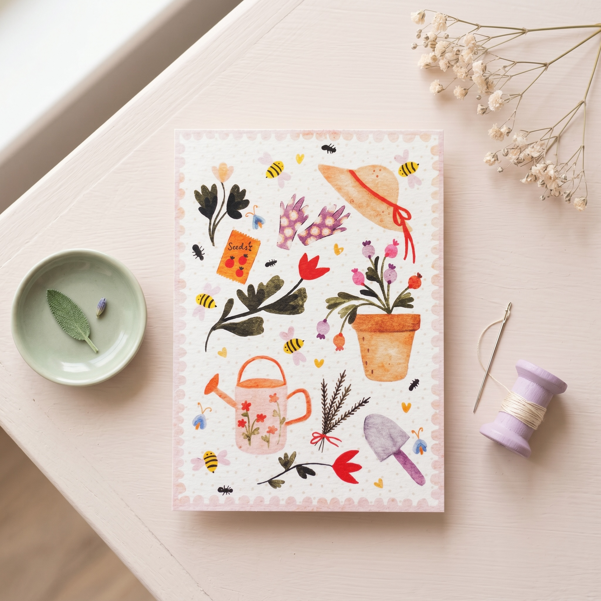 A square art print with a whimsical watercolor garden illustration, styled in a flat-lay on a light beige wooden table alongside a small dish, dried flowers, a lavender spool, and a needle.