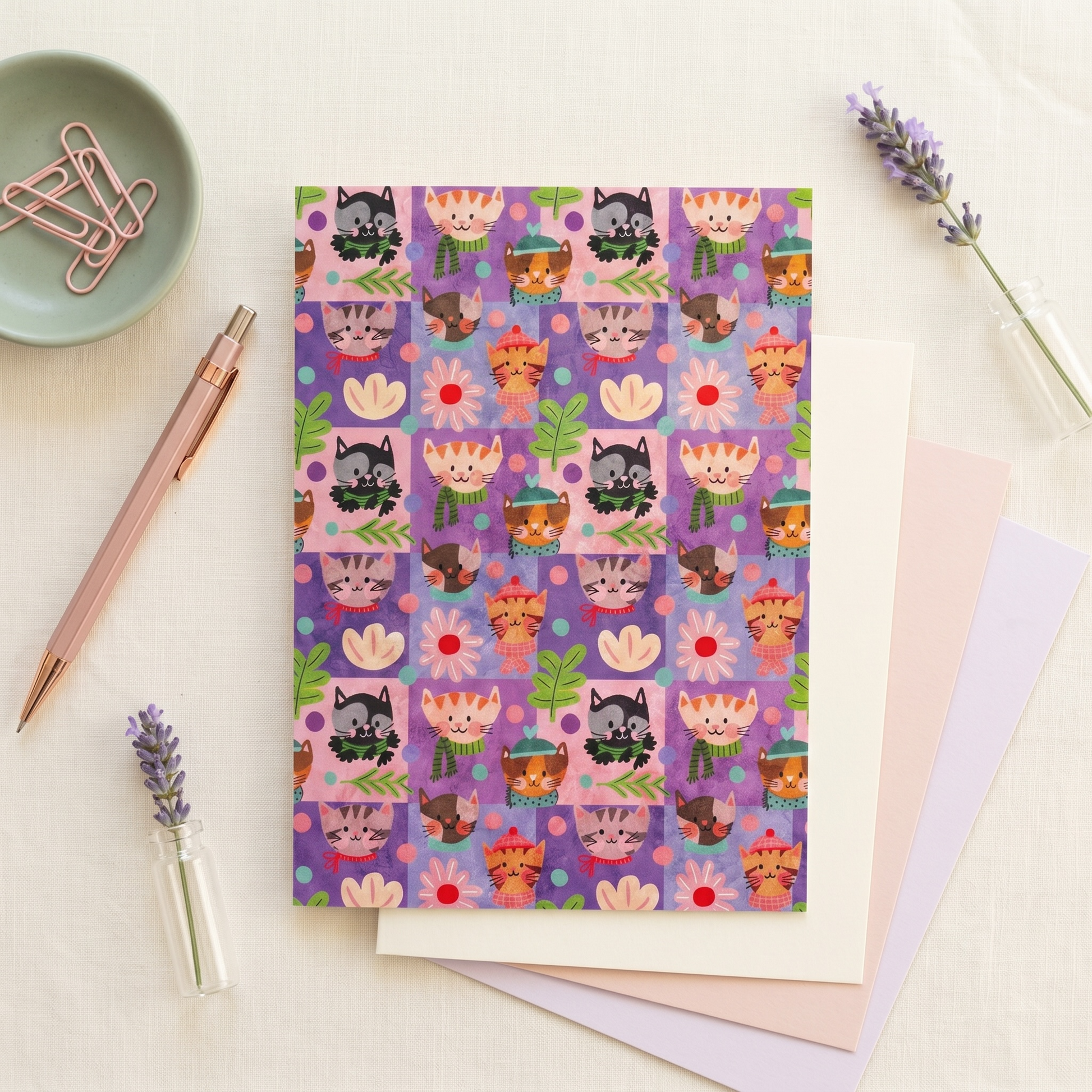 A flat-lay of a notebook with a colorful cartoon cat pattern on a purple cover, styled on a light fabric background with lavender sprigs, a rose gold pen, paper clips, and pastel sheets.