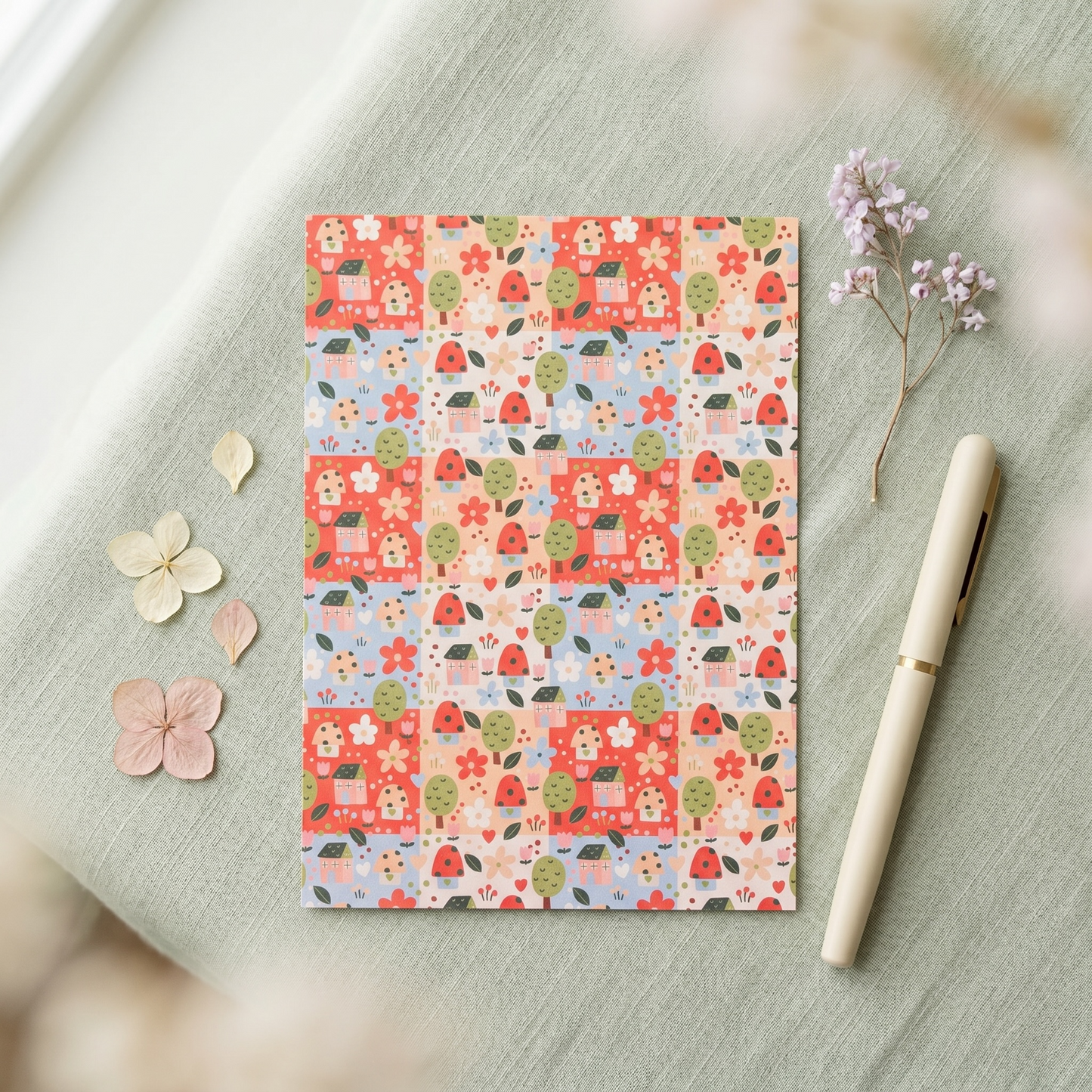 A flat sheet of patterned paper with a repeating patchwork design of red houses, green trees, and small floral motifs, styled on a pale green fabric surface with a cream pen and dried flowers nearby.