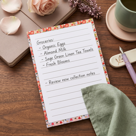 A floral-lined notepad with lined writing space and the heading 'Groceries:' is styled on a wooden tabletop with a notebook, rose petals, a cup, a pen, and a green cloth napkin.