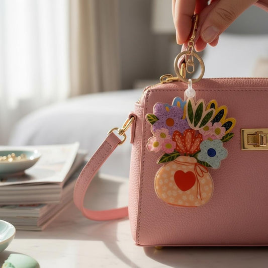 Oversized Illustrated Keyring or Bag Tag - Vase of Flowers